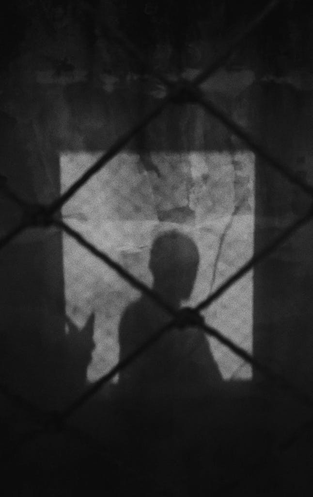 A shadowy silhouette behind a wire fence, capturing mystery and isolation in black and white.